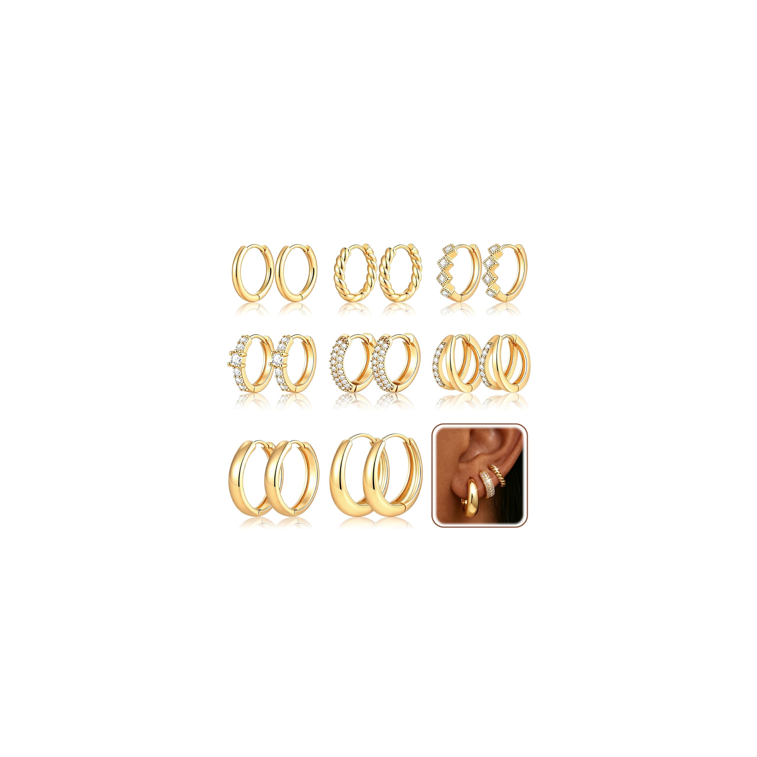 8 Pairs Gold Hoop Earrings Set for Women, 14K Gold Plated Stackable Gifts