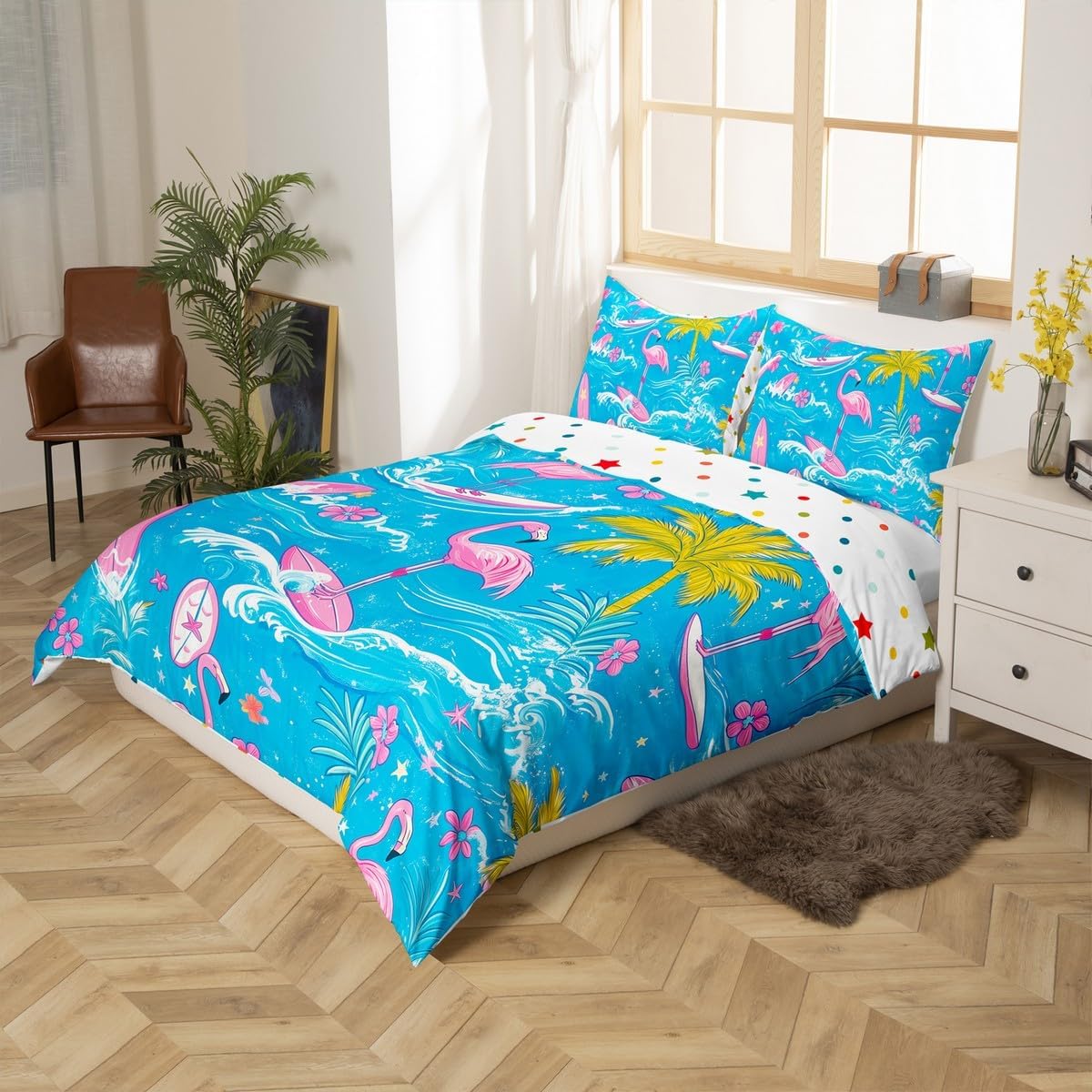 Cartoon Flamingo Duvet Cover Set Toddler Size,Surfboards Surfing Sports Cute Animal Bedding Set,Boys Girls Room Decor,Hawaii Summer Ocean Comforter Cover,Pink Blue Quilt Cover,1 Pillowcase(No Filler)