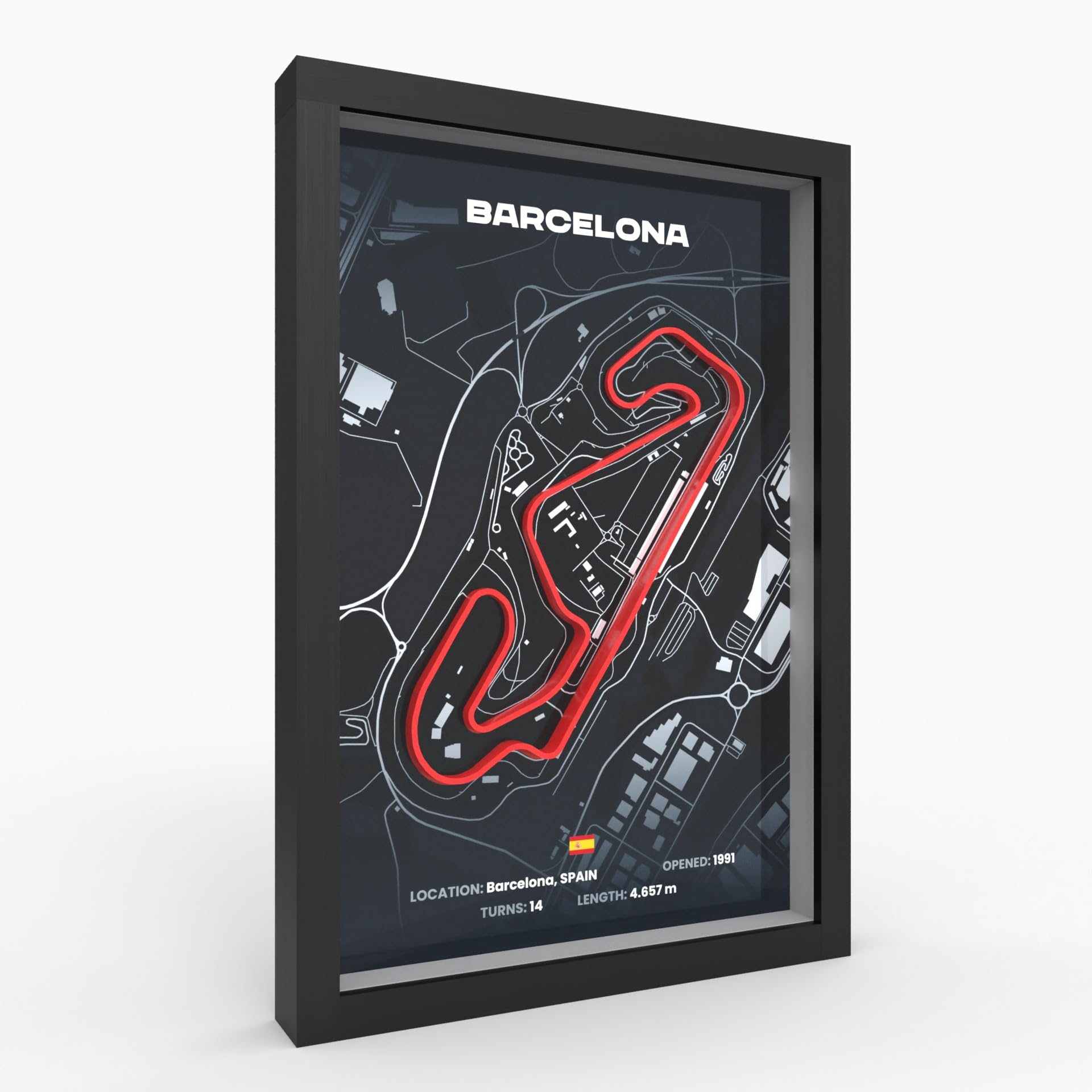 Barcelona 3D Motorsport A3 Poster im Holzrahmen I Hochwertiger 3D Druck I 2000dpi I 280g Papier I 3D Rennkunst als Deko für Wand, Büro & deinen Schreibtisch oder als Geschenk I Rennstrecken Poster