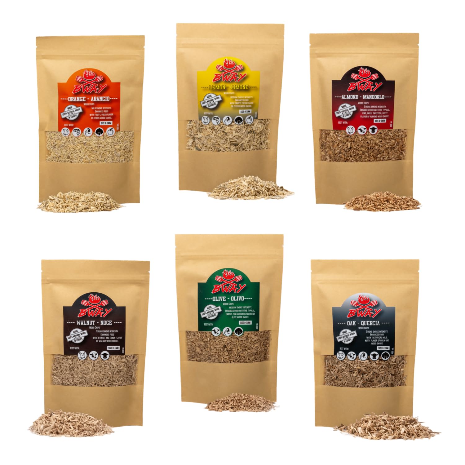 BWAY Sciure de Bois pour Fumage a Froid Saveur Olivier, Oranger, Amandier, Citronnier, Noyer et Chêne compatible avec un Fumoir à Froid | Bois de Fumage avec eBook Offert avec 20 Recettes (6 x 400 ml)