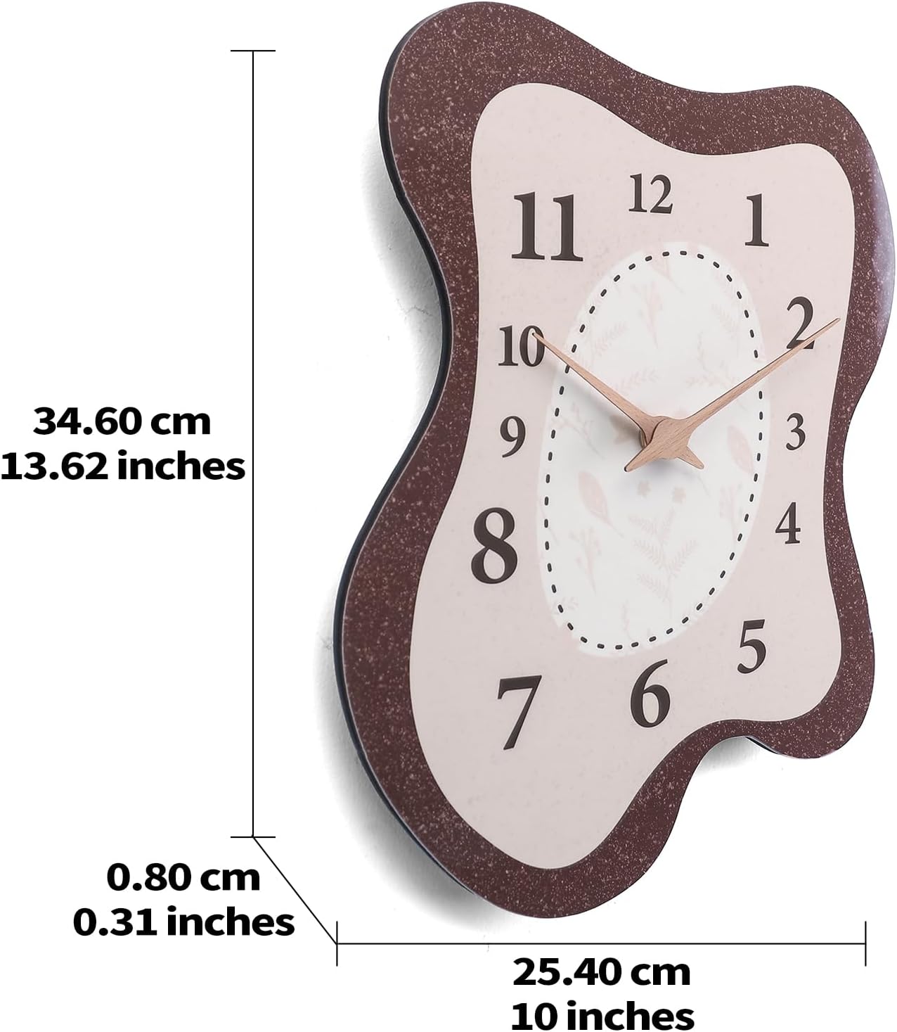 14 x 10 Inch Mid Century Retro Irregular Shape Wall Clock, Silent Non-Ticking Battery Operated, Vintage Boho Brown Art Clock for Living Room, Bedroom, Entryway, Mantel Decor