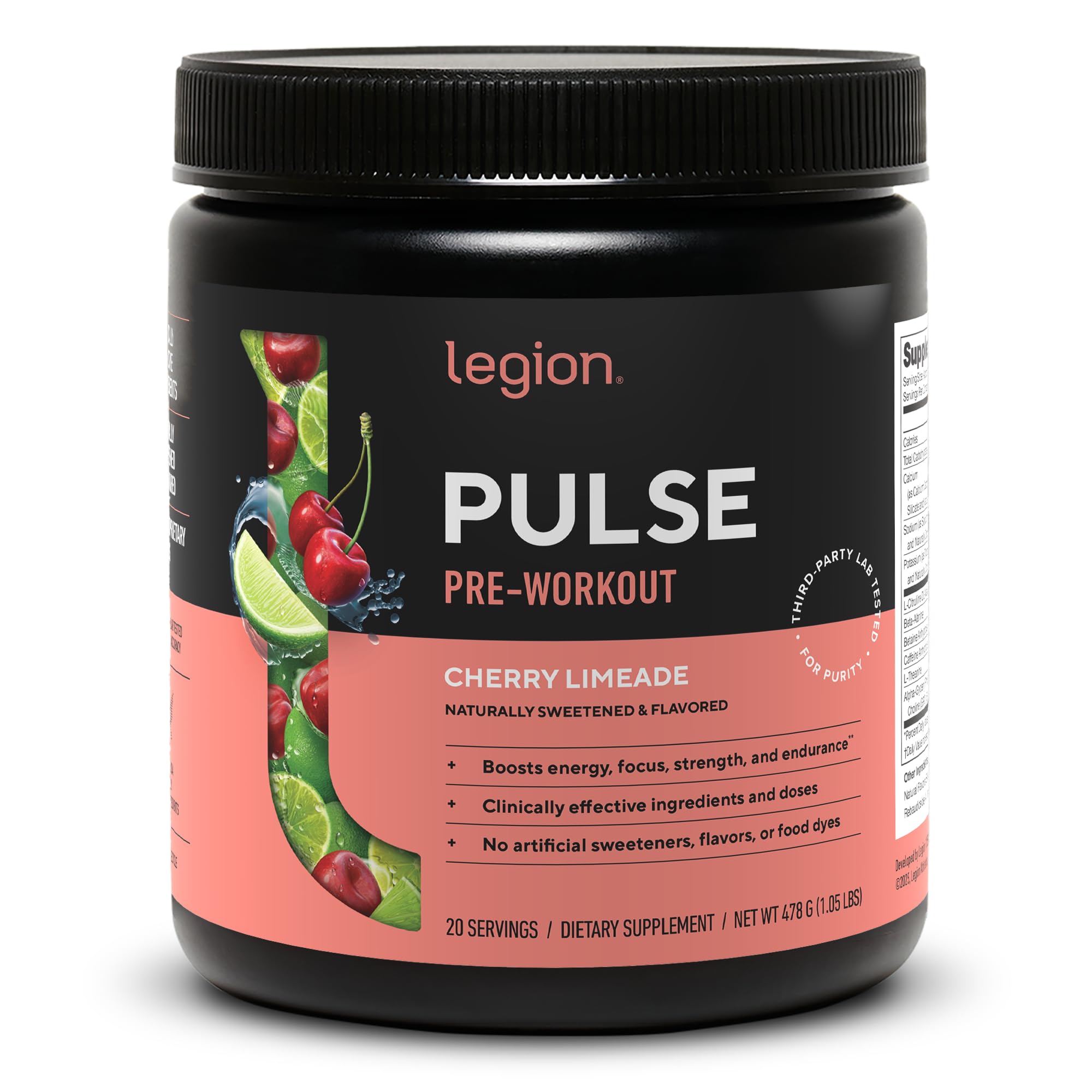 LEGION Pulse Pre Workout Supplement - All Natural Nitric Oxide Preworkout Drink to Boost Energy, Creatine Free, Naturally Sweetened, Beta Alanine, Citrulline, Alpha GPC (Cherry Lemonade)