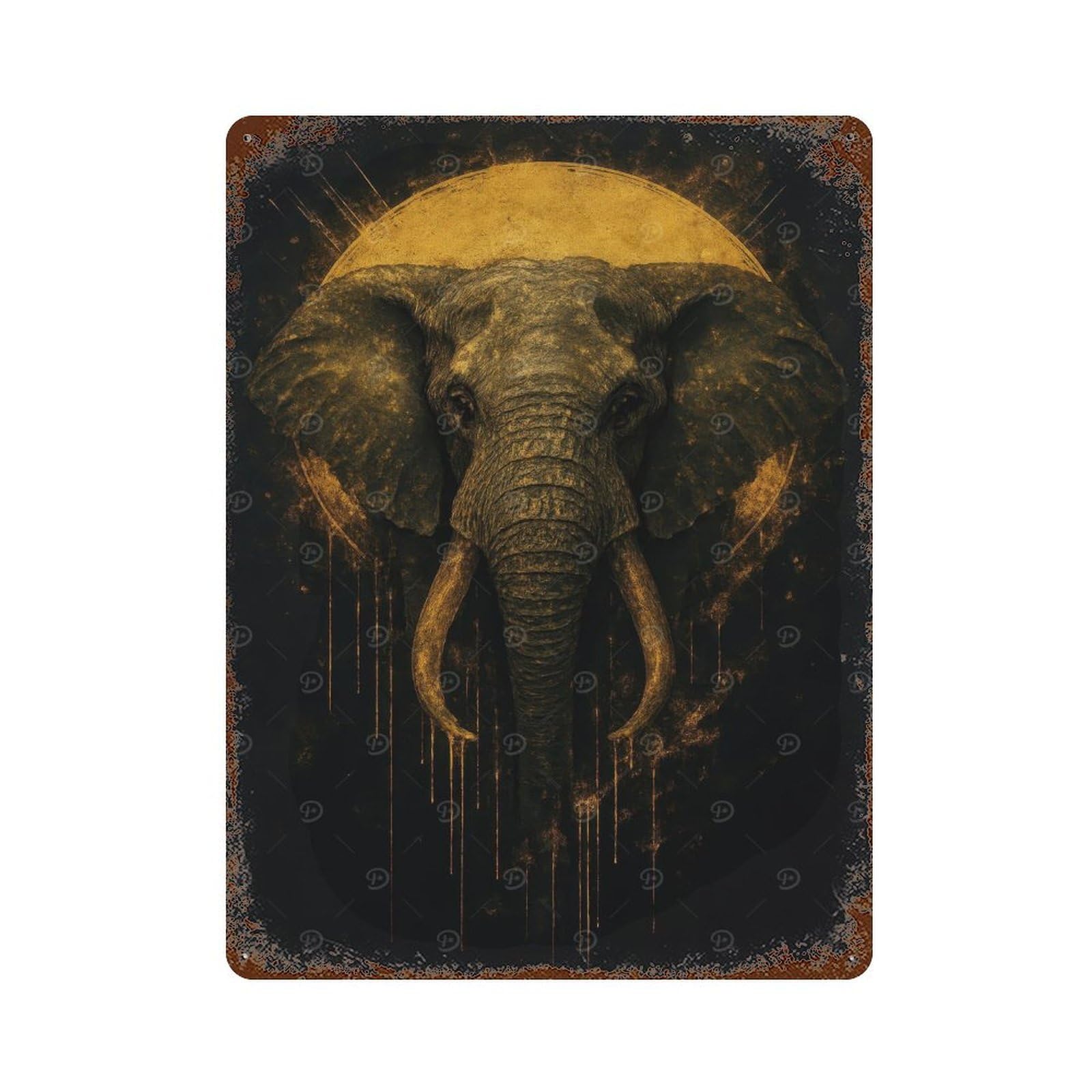 Garage Style Golden Elephant Portrait on Black Background Vintage Rust Metal Sign 15.7"x11.8", Rustic Home Decor for Bar And Workshop