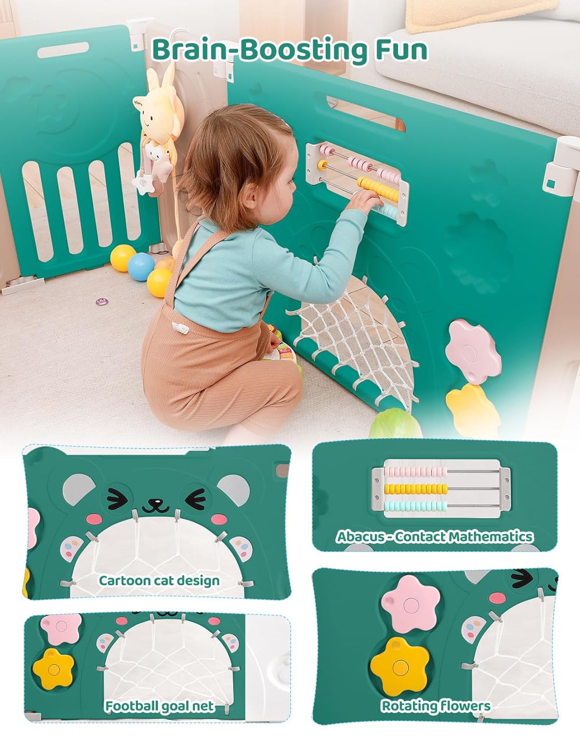 Baby Playpen, Dripex Baby Playard for Babies and Toddlers, 14-Panel Foldable Playpen Adjustable Portable Play Area, Indoor/Outdoor Kids Active Center with Game Panel & Safety Gate, Green Brown