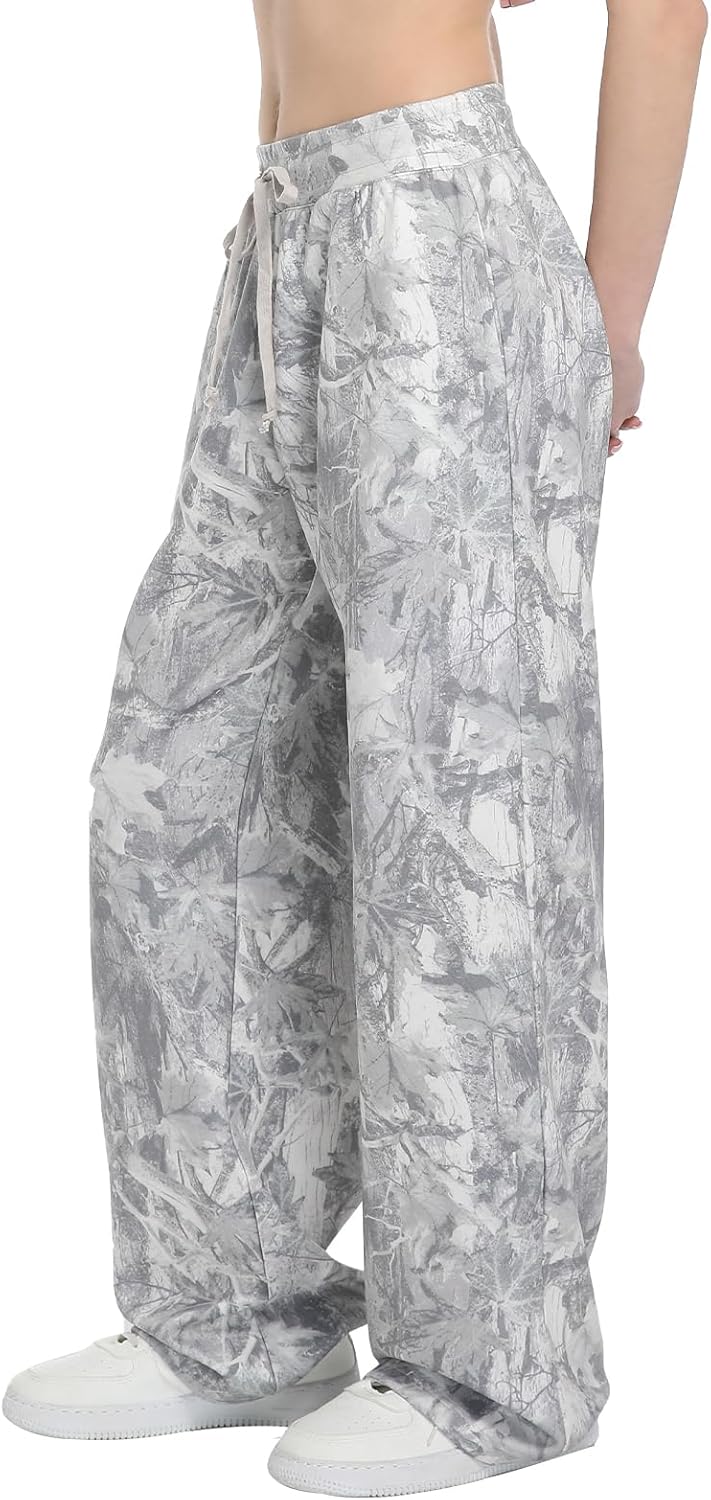 Camo Sweatpants Women Baggy Camo Drawstring Pants Camouflage Wide Leg Y2K Straight Elastic Waist Pants with Pockets - Image 2