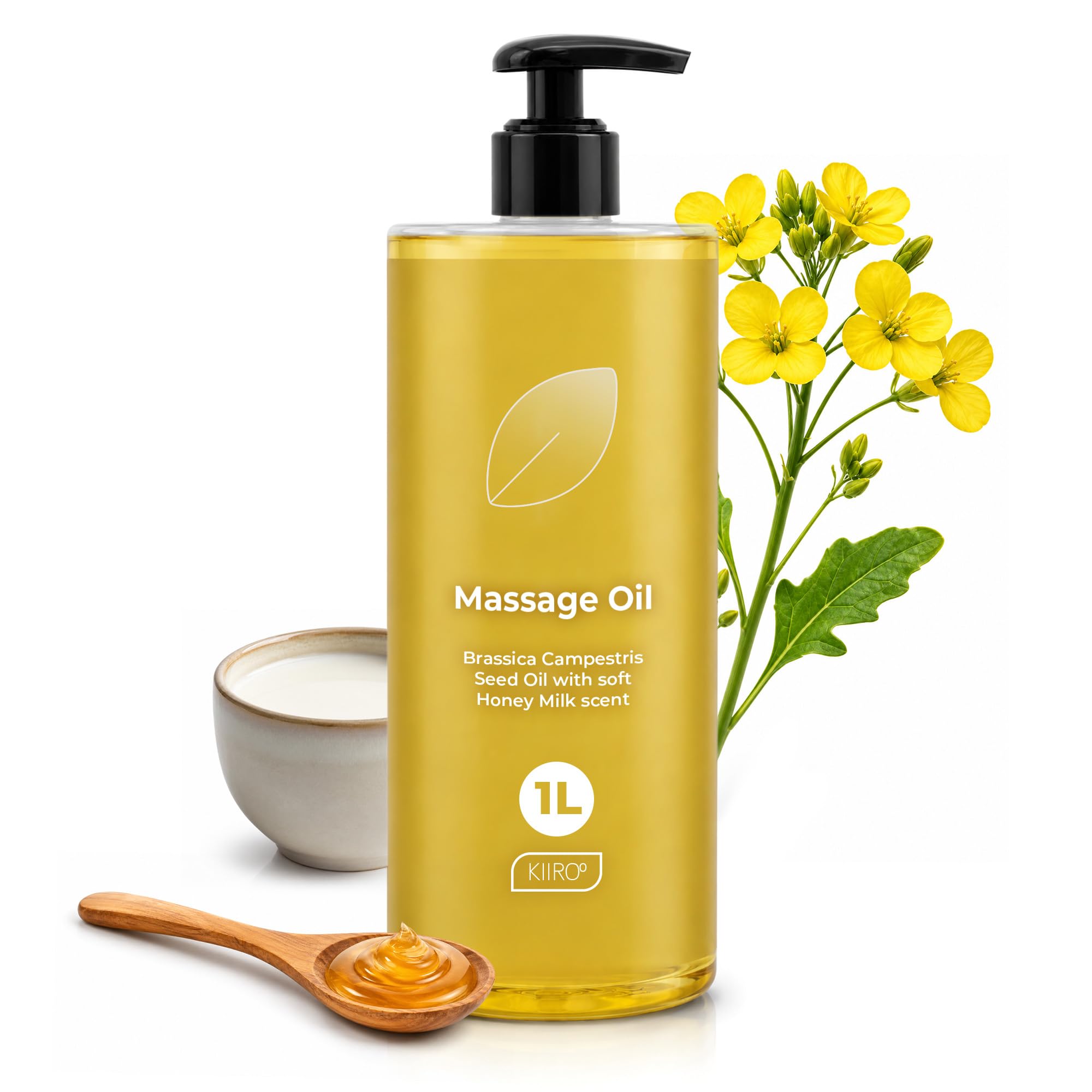 KIIROO Olio da Massaggio Nutriente 1L Honey Milk con Vitamina E e Olio di Brassica – Olio Massaggio Corpo a Rapido Assorbimento – Olio Corpo Idratante Pelle Secca per Uso Quotidiano