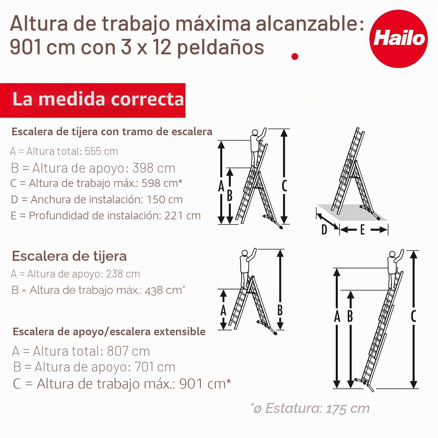Hailo 9312-507 - Escalera Aluminio combinada 3 tramos con estabilizador Curvo ProfiLOT Combi (3x12 peldaños)