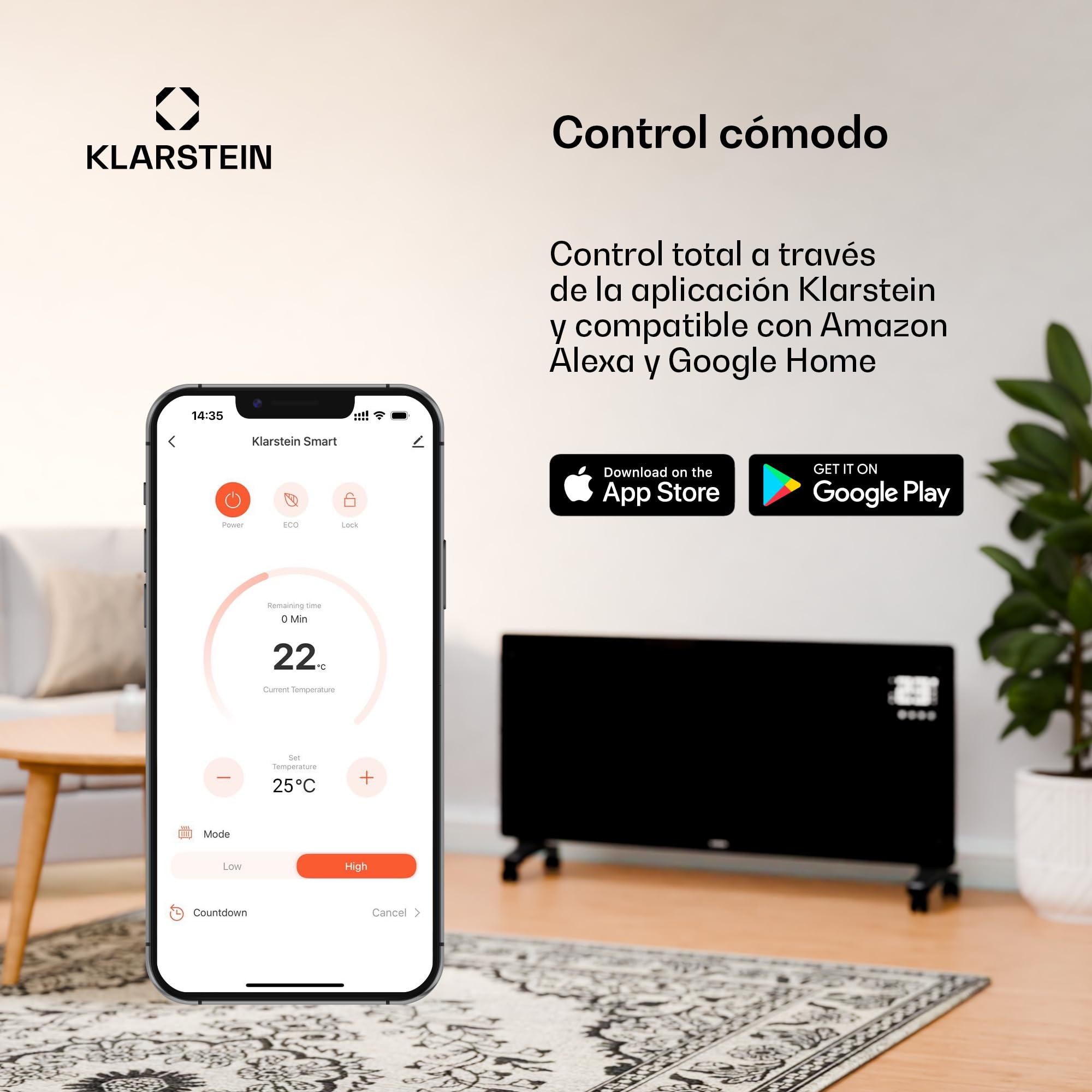 Klarstein Radiadores Bajo Consumo Electricos para Casa, Estufa Electrica de 2500W con Ruedas, Radiador Electrico Silencioso, Portátil y Delgado, Estufas con Panel para Montar en Pared y Termostato