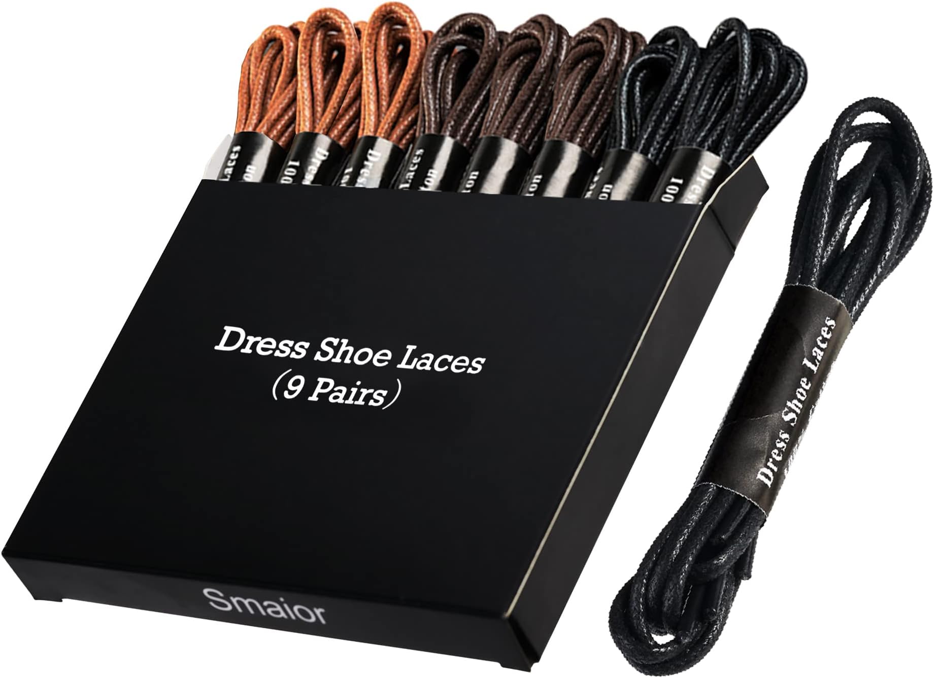 Smaior Dress Shoe Laces - 9 Pairs, Mens Waxed Round Oxford Shoelaces, Shoe Strings 3/32'' Thin, Black, Brown, Dark Brown
