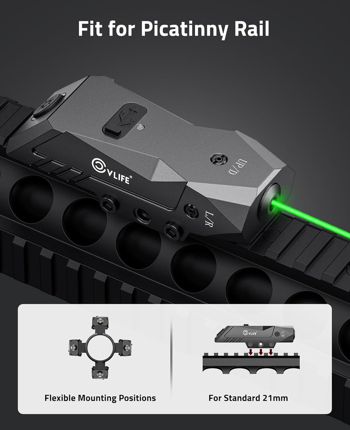 CVLIFE Rechargeable Rifle Laser Sight Compatible with Picatinny Rail, Low Profile Green/Red Laser Sight for 21MM Picatinny Rail, Green/Red Laser Beam with Strobe Function