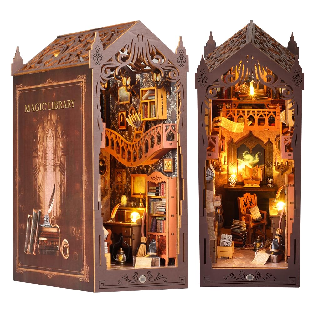 Kit fai da te con angolo per libri con copertura antipolvere, libro in miniatura per casa delle bambole con luce LED e mobili, puzzle 3D in legno per libreria, decorazione creativa per libri