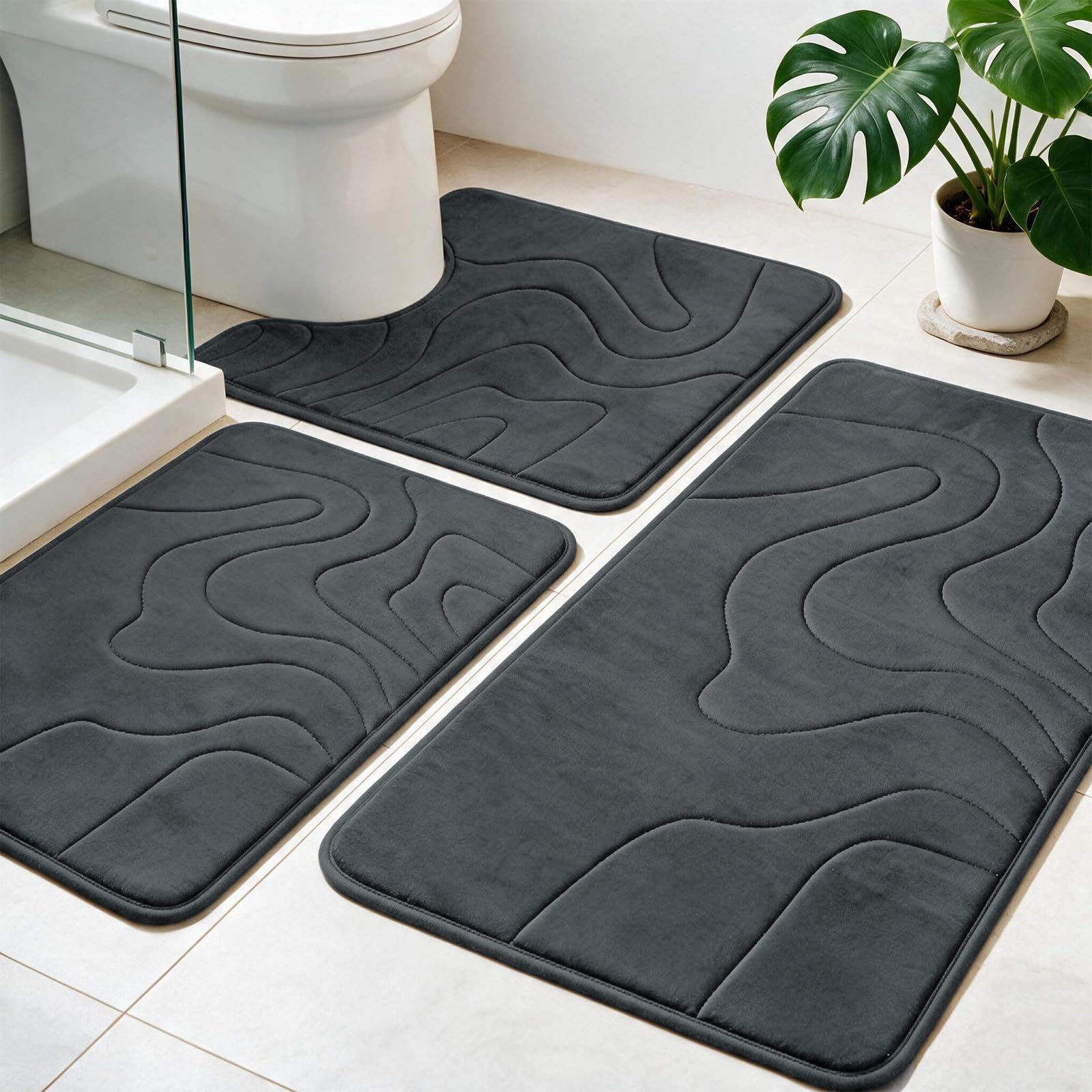Famibay Bath Mat Sets 3 Piece Non Slip Memory Foam Bathroom Mat Grey Absorbent Soft Machine Washable Toilet Mat for Bathroom Shower Floor