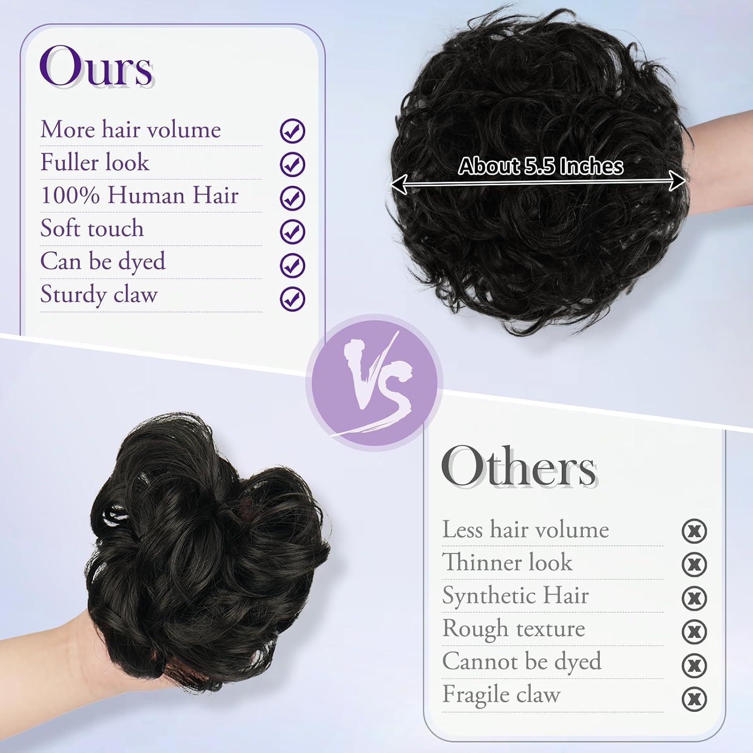 RUWISS Large Messy Bun Hair Piece with Claw Clip Human Hair Bun Wavy Curly Chignon Hair Bun Extensions Tousled Updo Hair Pieces for Women Claw Clip Ponytail Women, Natural Black image 3