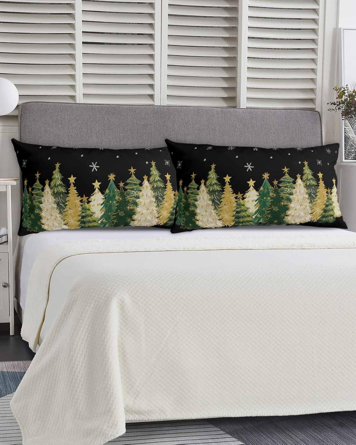 DecorLovee Black Christmas Tree California King Pillow Case - Microfiber Bed Throw Pillow Covers, Green Golden Xmas Tree Snowflake Decorative Lumbar Pillow Cover with Envelope Closure for Sofa 20"x40"