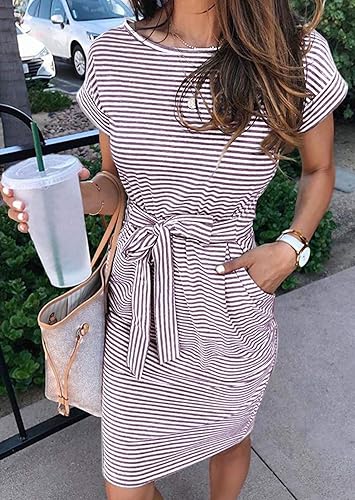 Miniatura 2 de MEROKEETY - Vestido de verano con manga corta, a rayas, casual, estilo camiseta, con lazo en la cintura y bolsillos, para mujer