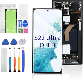 OLED Screen Replacement for Samsung Galaxy S22 Ultra 5G Display Assembly with Frame Touch Digitizer for S22 Ultra SM-S908U SM-S908A SM-S908W, 6.78" Display Replacement with Repair Tools Kit, Matte Black