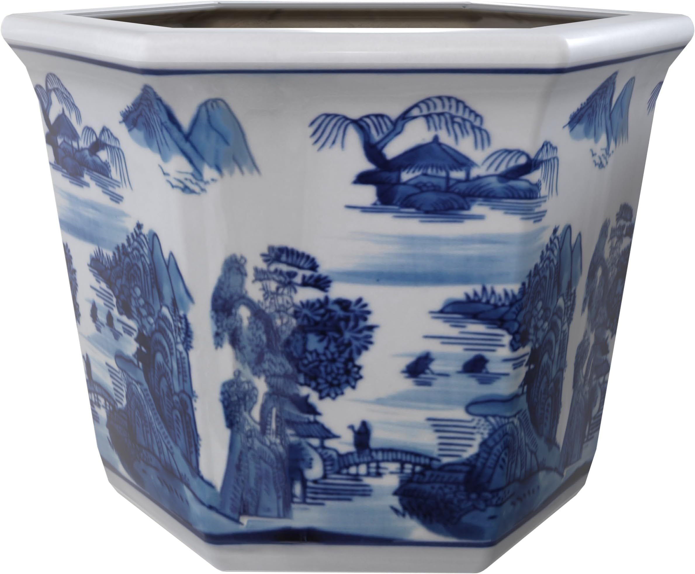 Red Lantern 10" Porcelain Flower Pot, Landscape Blue-White