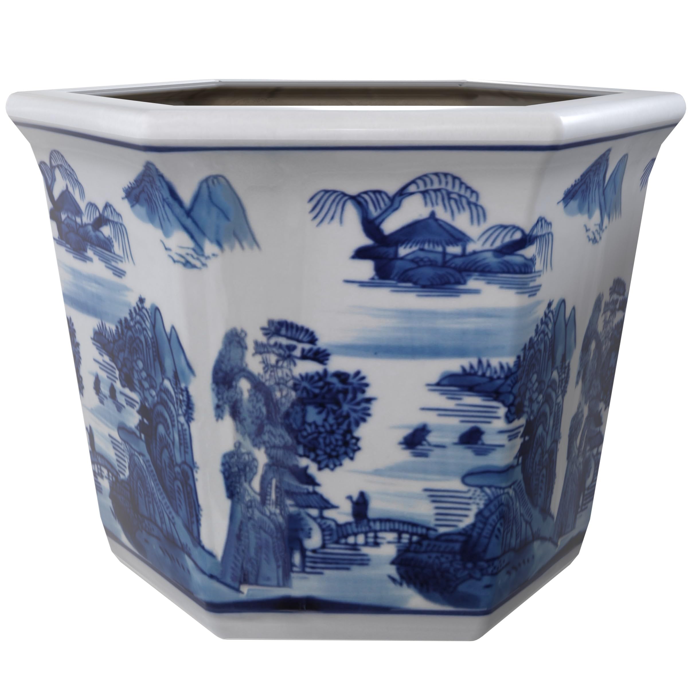 Red Lantern 10" Porcelain Flower Pot, Landscape Blue-White