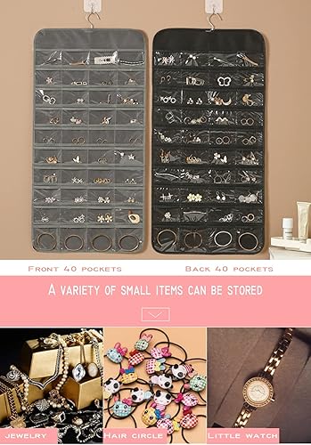 Miniatura 5 de AARAINBOW Paquete de 2 organizadores de joyas colgantes de doble cara, 128 bolsillos y 8 cintas mágicas, organizador de accesorios para aretes,