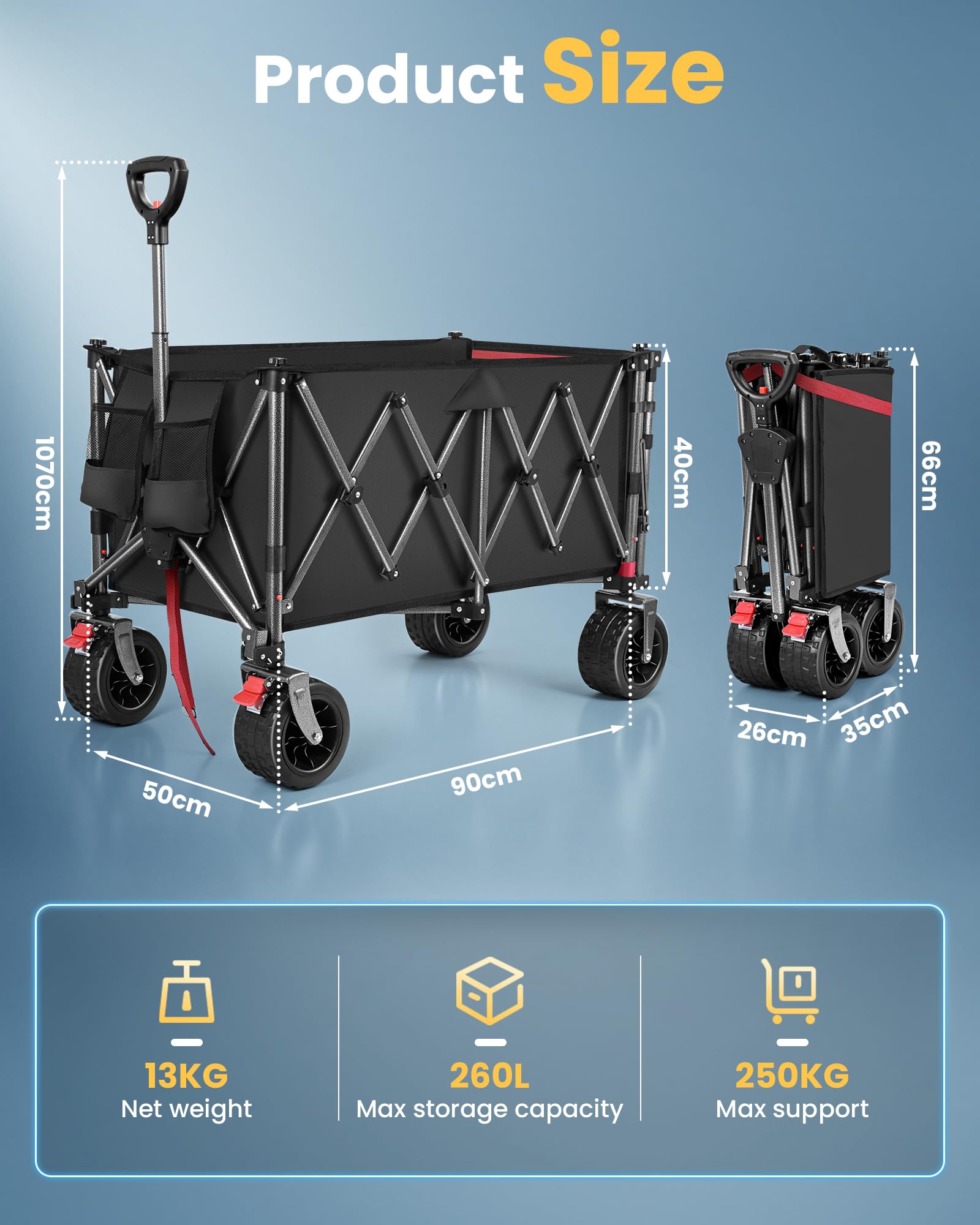 YEAUPE PRO Carro Playa Plegable con Freno 200-300L 200kg Negro | Estructura doble con panel trasero abatible, mango ajustable y diseño plegable para objetos largos en playa, camping y jardín