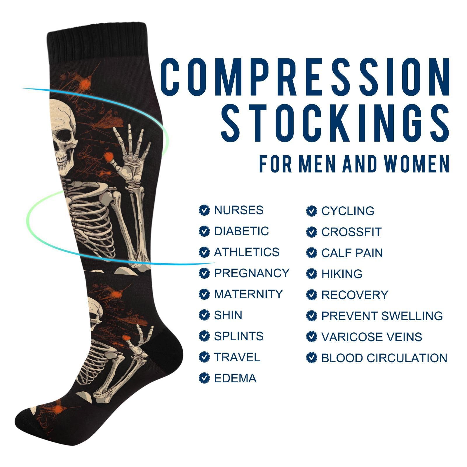 Lot de 2 paires de chaussettes de compression pour homme et femme Motif tête de mort 20-30 mmHg, multicolore, S-L