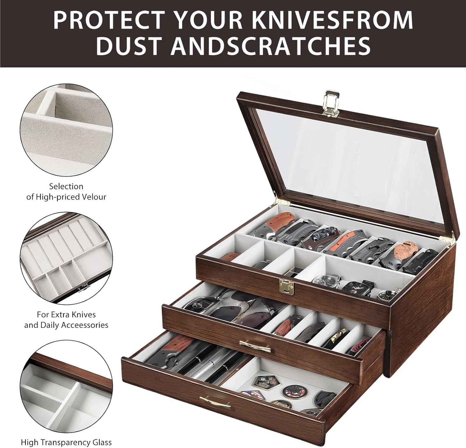 Emfogo Pocket Knife Display Case for Collection of 32-38 Folding Knives, Pocket Case with Real Glass Window Top, Three-Tier Knife Organizer Storage Box, Men's Gift (Walnut)