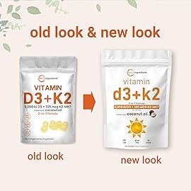 Micro Ingredients Vitamin D3 5,000 IU + K2 MK-7 100 mcg, 300 Softgels | Virgin Coconut Oil | 2-in-1 Bone, Immune & Heart Support | Easy to Swallow, Non-GMO