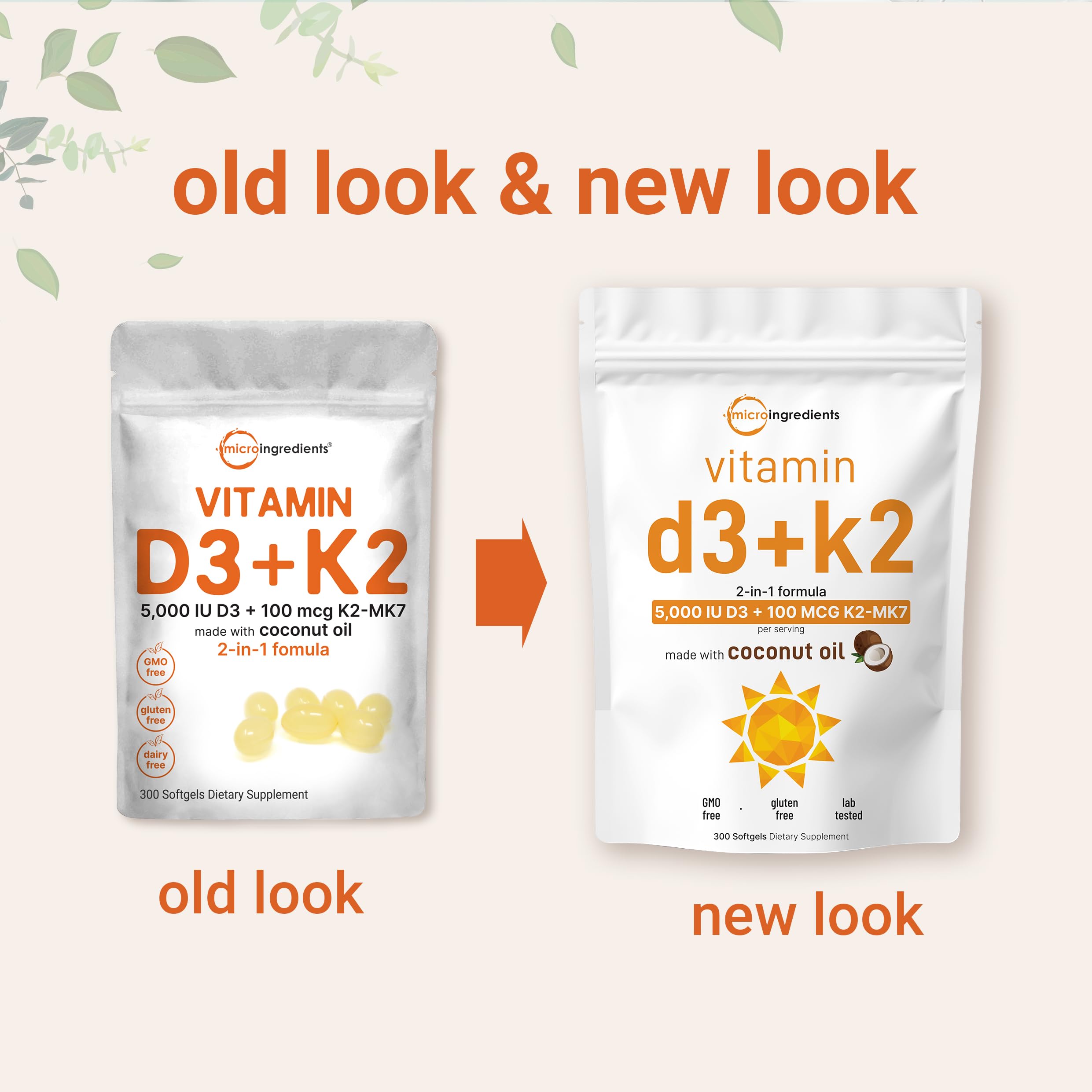 Micro Ingredients Vitamin D3 5,000 IU + K2 MK-7 100 mcg, 300 Softgels | Virgin Coconut Oil | 2-in-1 Bone, Immune & Heart Support | Easy to Swallow, Non-GMO