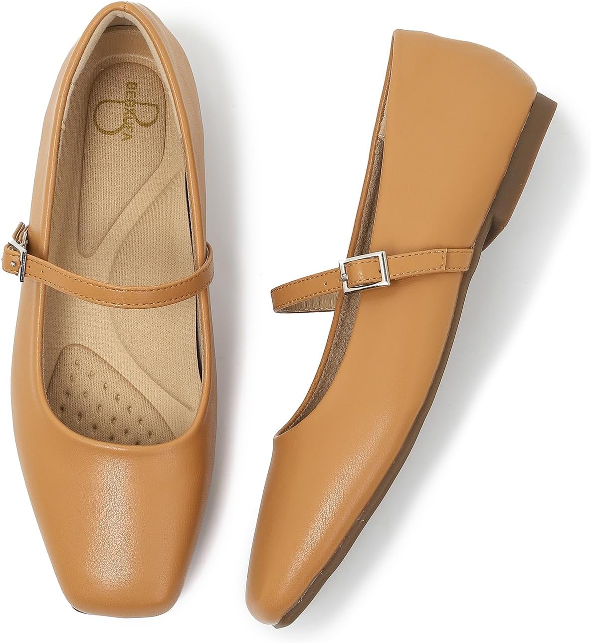 Women's Square Toe Mary Jane Ballet Flats Shoes with Adjustable Strap, Slip On Comfortable Work Flats, Soft Leather Dressy Shoes