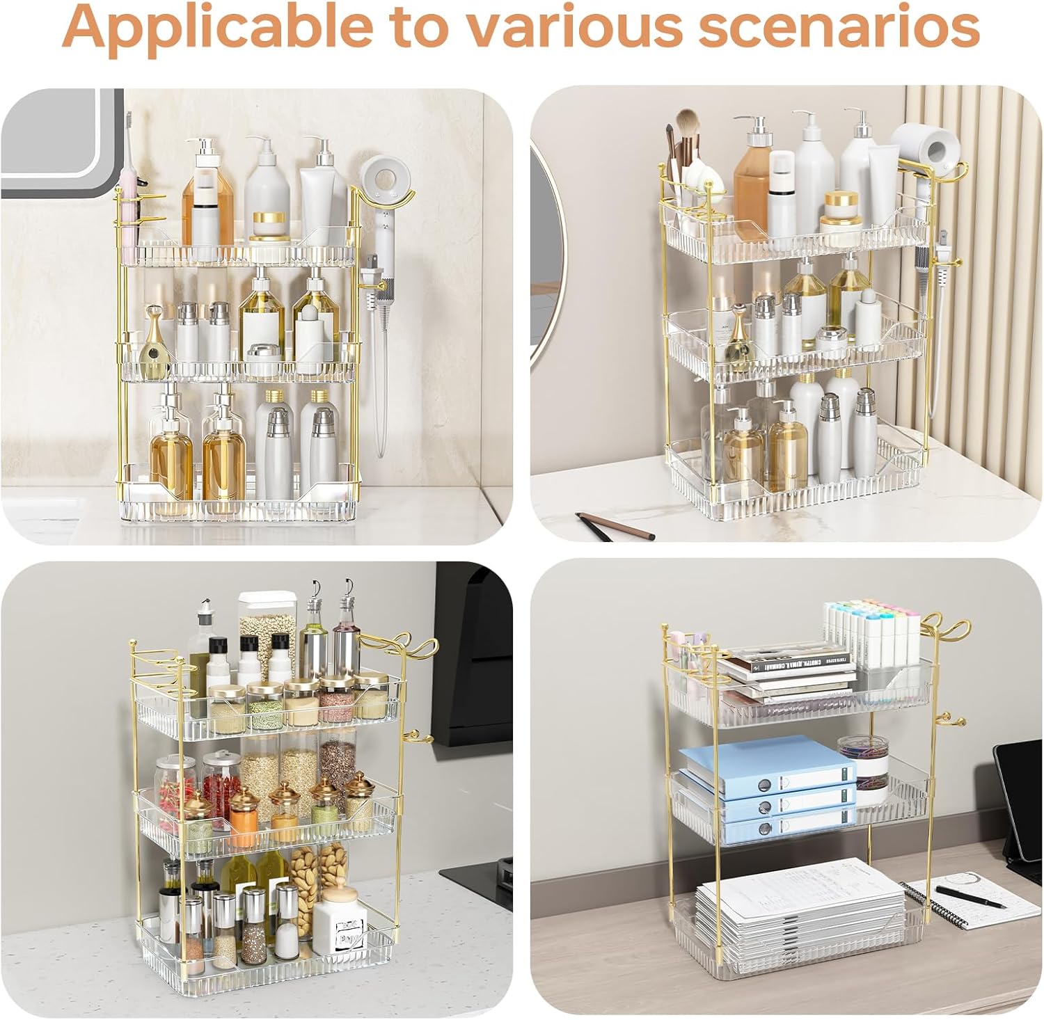 Bathroom Counter Organizer with Hair Dryer Holder and Toothbrush Holder, Acrylic Vanity Tray for Skincare, Perfume, Makeup Storage on Countertop ＆ Dresser (Clear, 3-Tier)