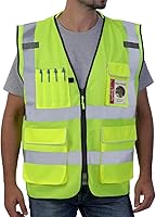 Vista 9 de Neopelta Chaleco de seguridad reflectante de malla naranja, chaleco de alta visibilidad con bolsillos y cremallera, cuello acolchado, chaleco