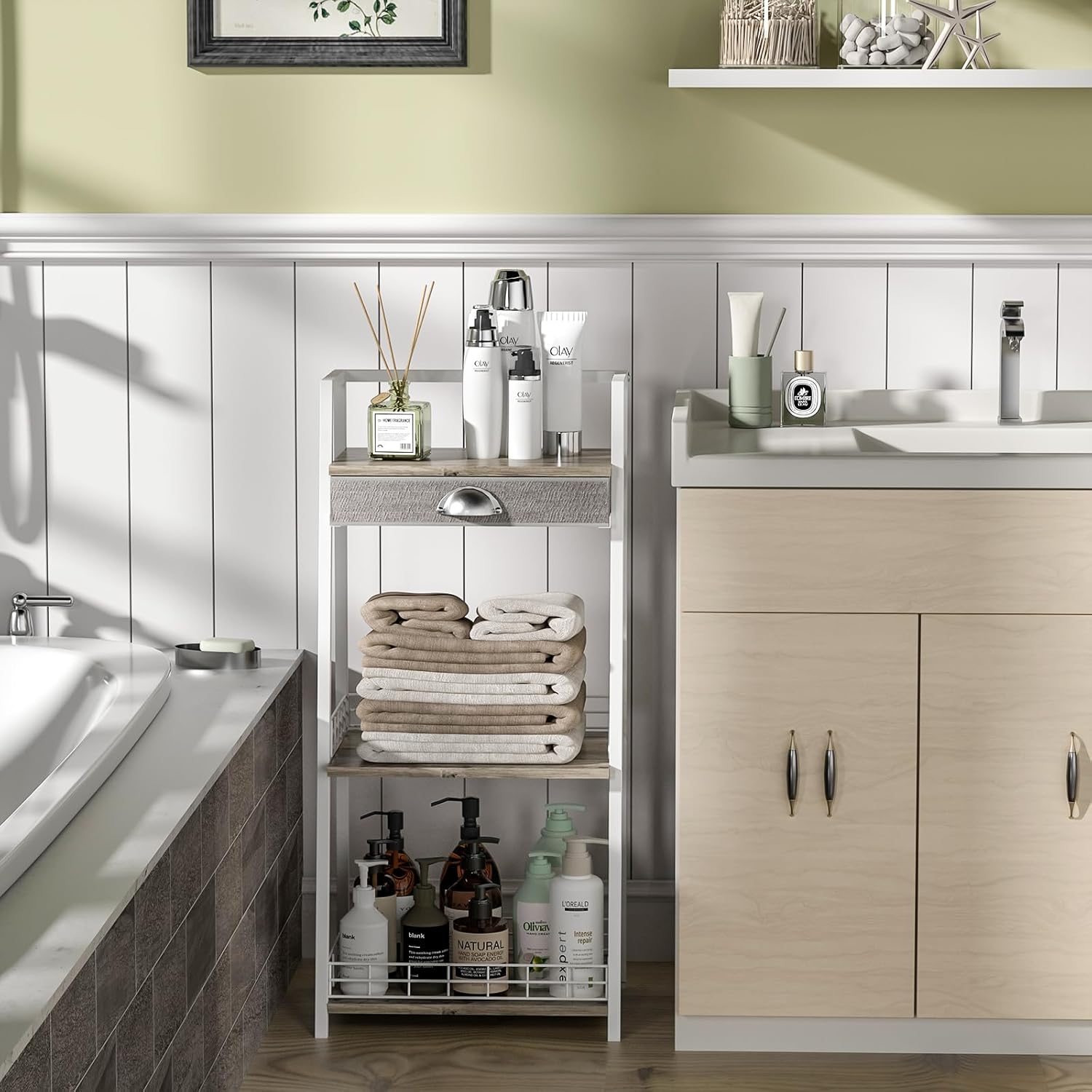 keomaisyto 3-Tier Small Bathroom Shelves with Drawer, Floor Storage Shelf, Small Bathroom Stand Rack, Freestanding Ladder Shelf for Living Room Bedroom, White