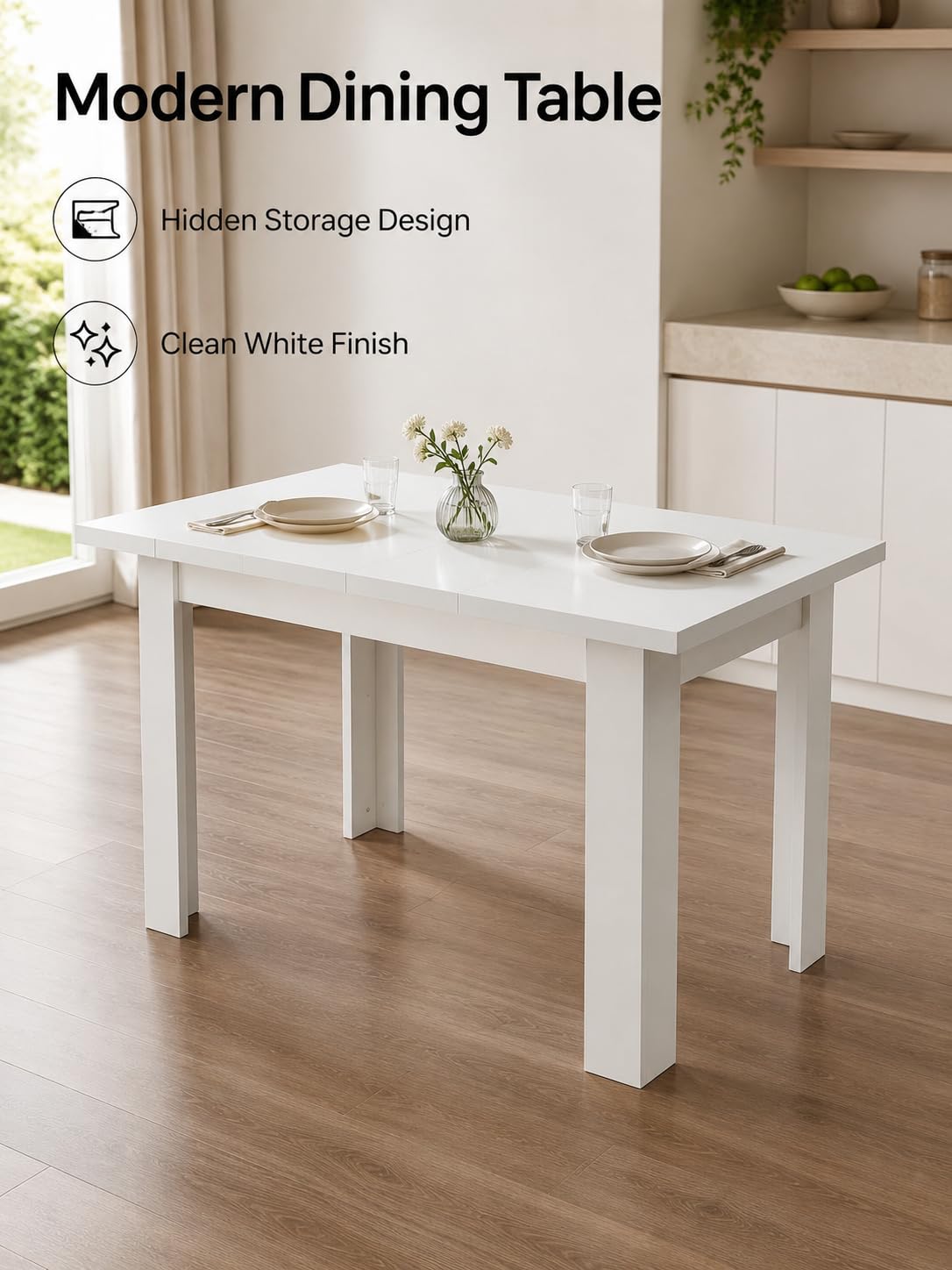 Tavolo da Pranzo Bianco Rettangolare Cucina Sala 120×70×75cm | Due piani laterali sollevabili nascondono vani per stoviglie e accessori, mentre la parte centrale fissa resta disponibile