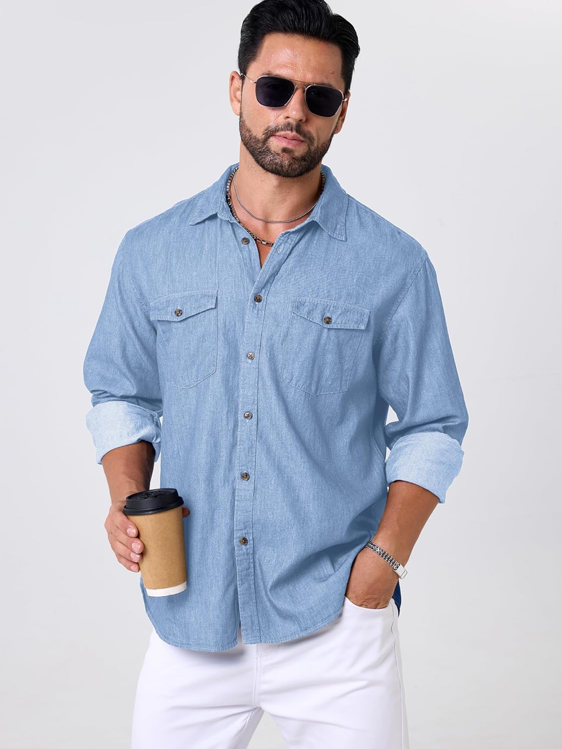 Mens Button Up Shirts Long Sleeve Button Down Shirts with Two Pockets Work Shirts for Men - Image 3