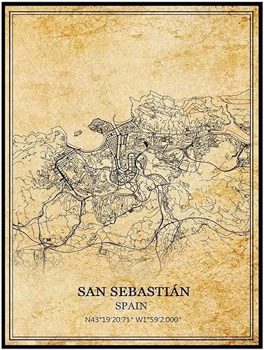 TANOKCRS San Sebastián España - Póster de pared vintage, mapa, obra de arte, regalo de recuerdo de viaje, decoración del hogar, 9 x 11 pulgadas, sin