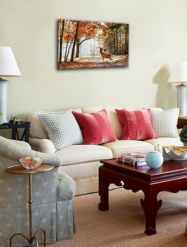 Miniatura 6 de TEKMENT Arte de pared de bosque otoñal de ciervos para sala de estar, hermoso lienzo Sika Wild Animal en la mañana con hojas que caen, decoración de