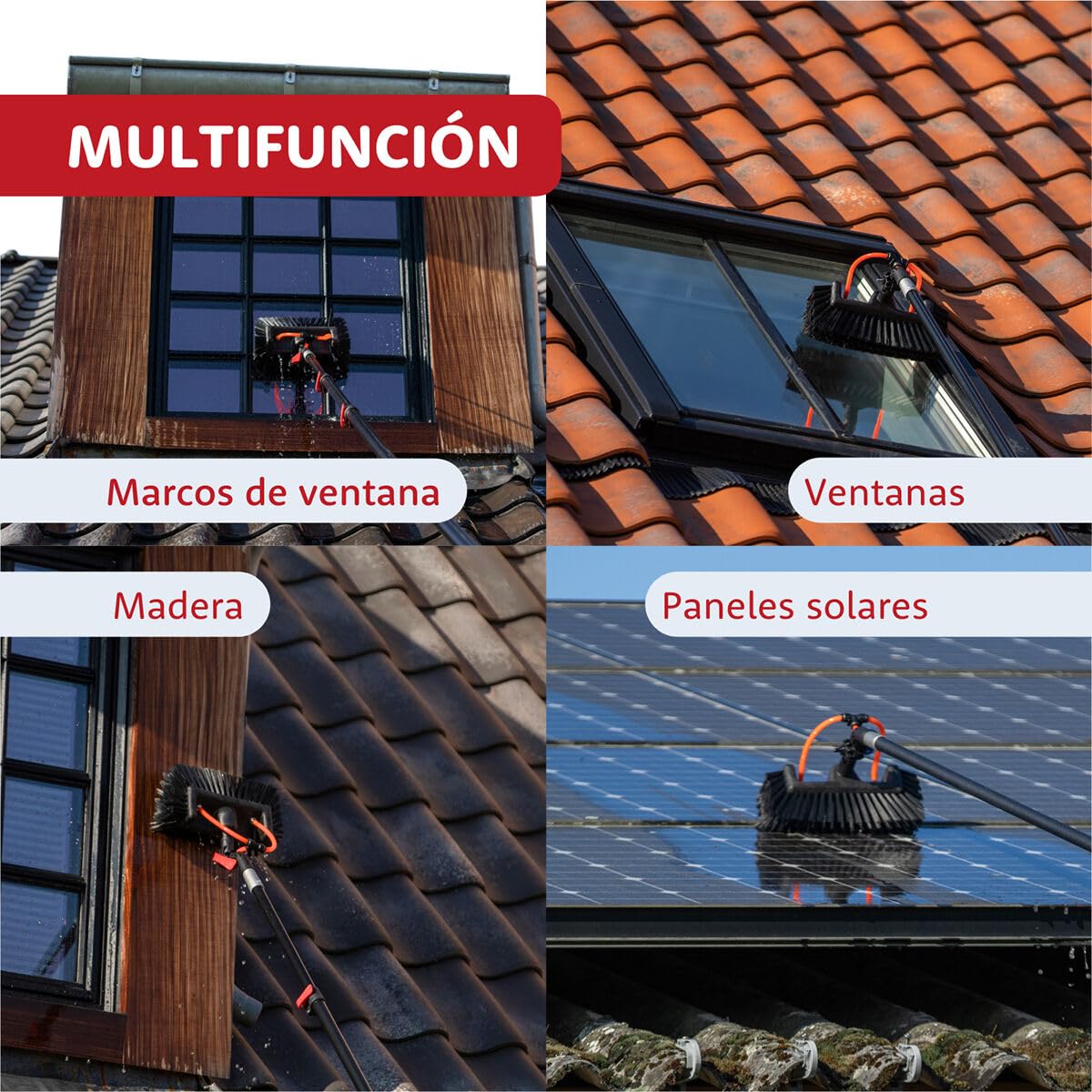 Aquascopic varilla telescópica de aluminio All-in-One - 7,2 m - con cepillo para paneles solares, de 5 superficies, para fregar y combinador de lavado