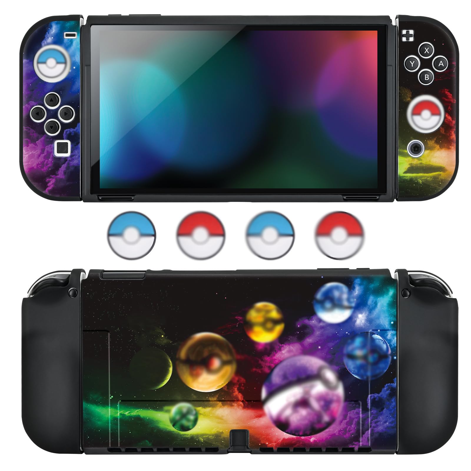 DLseego Funda para Switch OLED,Funda Protectora de TPU Compatible con Switch OLED Model, con 4 Fundas de Agarre para el Pulgar, Absorción de Impactos Anti-arañazos,Bolas de Duende OLED