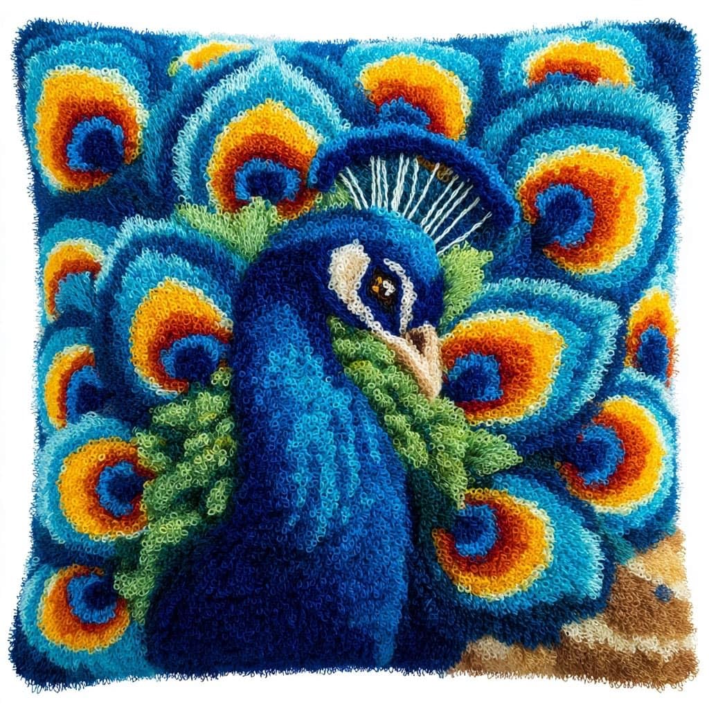 WallustrioaW Latch Hook Kits Pillow 17x17in,Animal Peacock