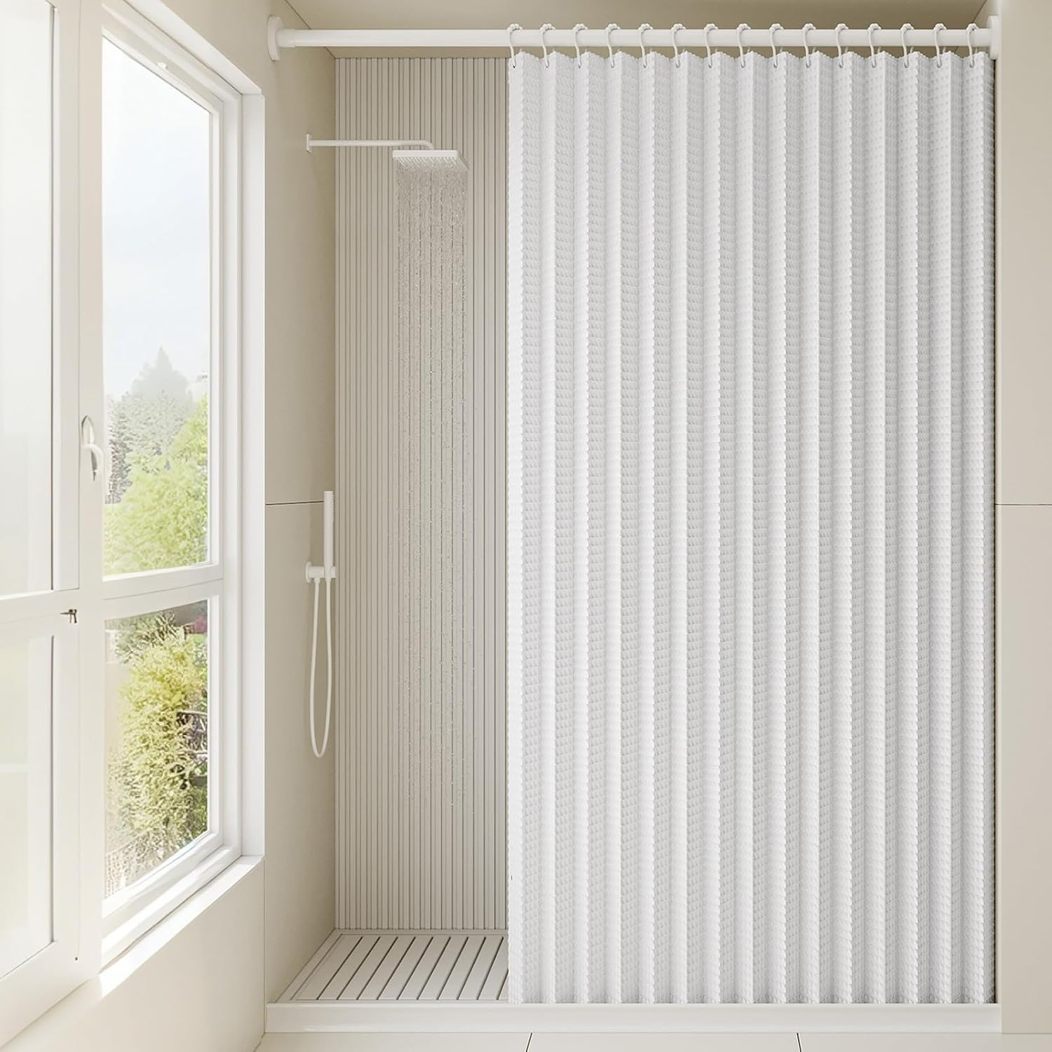 Waffle Pattern Folding Waterproof Shower Curtain for Walk in Shower, Magnetic Fabric Shower Curtains for Bathroom, No Liner Needed, 220gsm, White, 118"x71"