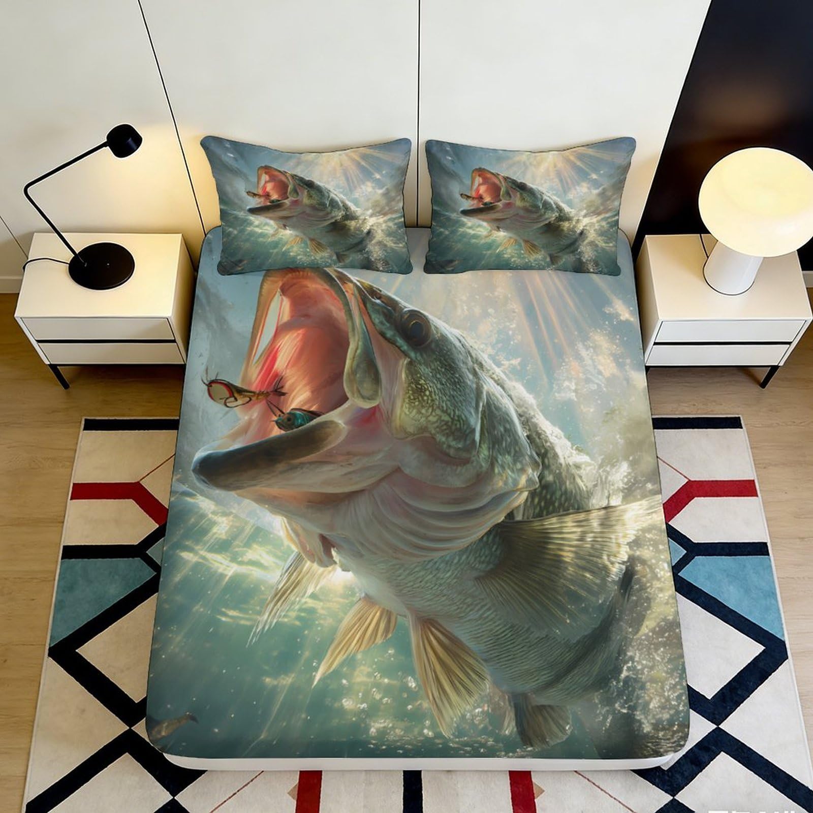 3D Printed Fishing Pike Fitted Sheet Microfiber Soft Breathable Underwater Fish Mattress Cover for Bedroom Dormitory Guest Room Bed Protection Decor 120x200x25cm
