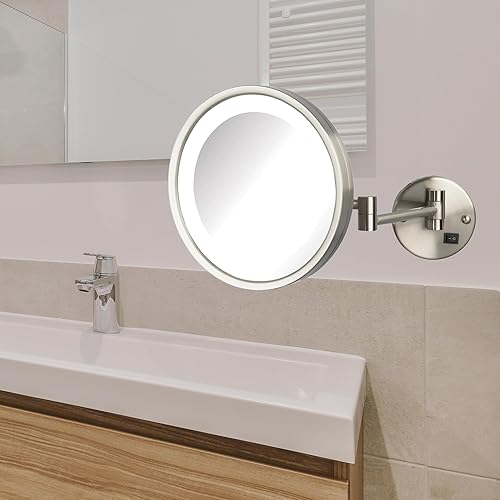 Miniatura 8 de Jerdon Espejo de maquillaje iluminado para montar en la pared, espejo de maquillaje con aumento 5X y brazo de montaje en pared, espejo de 9.5