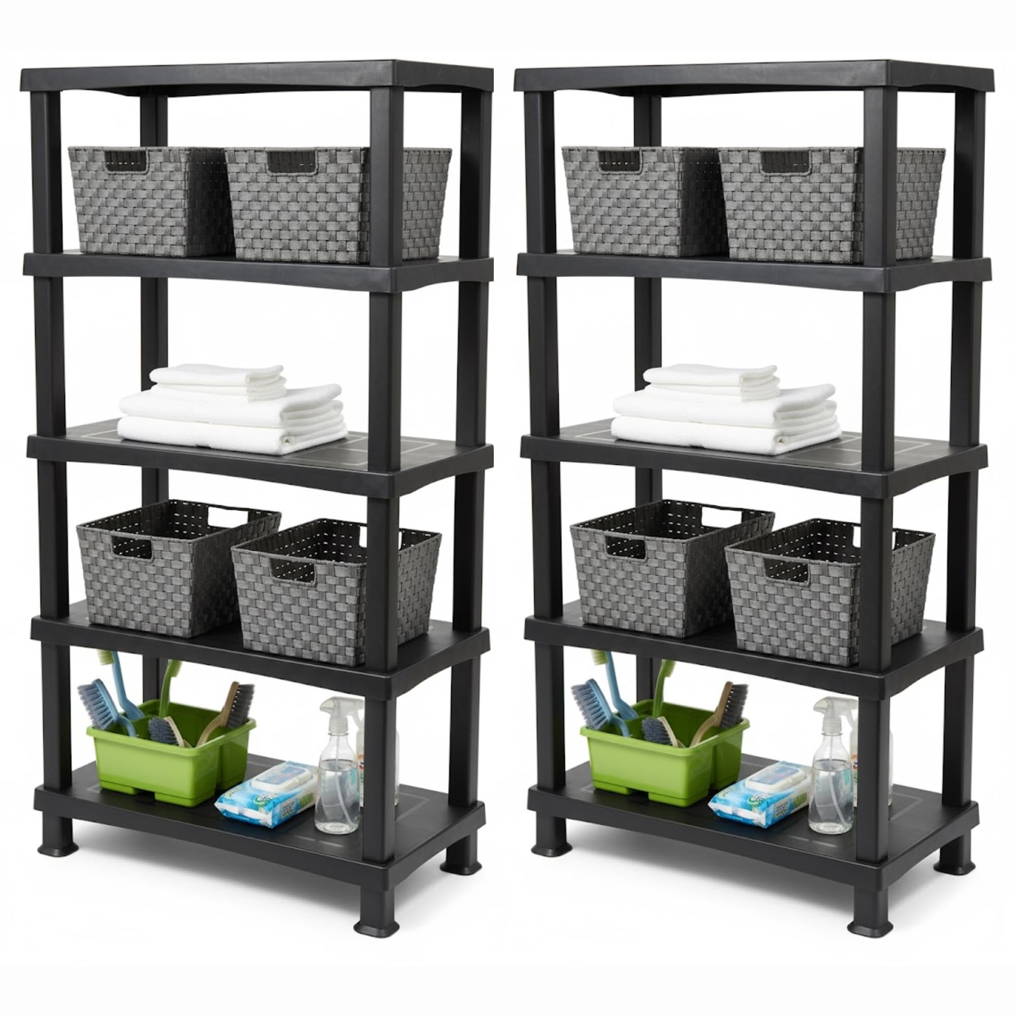 ALEEZ - 5 Tier Plastic Shelving Unit - Heavy Duty Storage Shelves - Storage Rack For Home, Garage, Shed, Warehouse - 25kg/55lbs Per Shelf - No Tools Required - Push Fit Assembly, Black (2, 5 Tier)