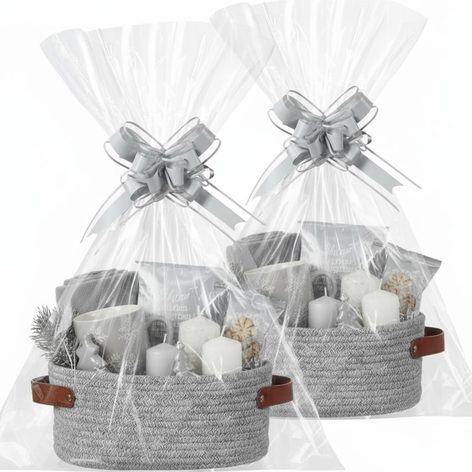 Colingmill Paquete de 2 cestas de regalo para el día de San Valentín con asas con bolsas de regalo, cintas, cestas tejidas, caja de regalo vacía para regalos, cestas de regalo, boda, Pascua (gris