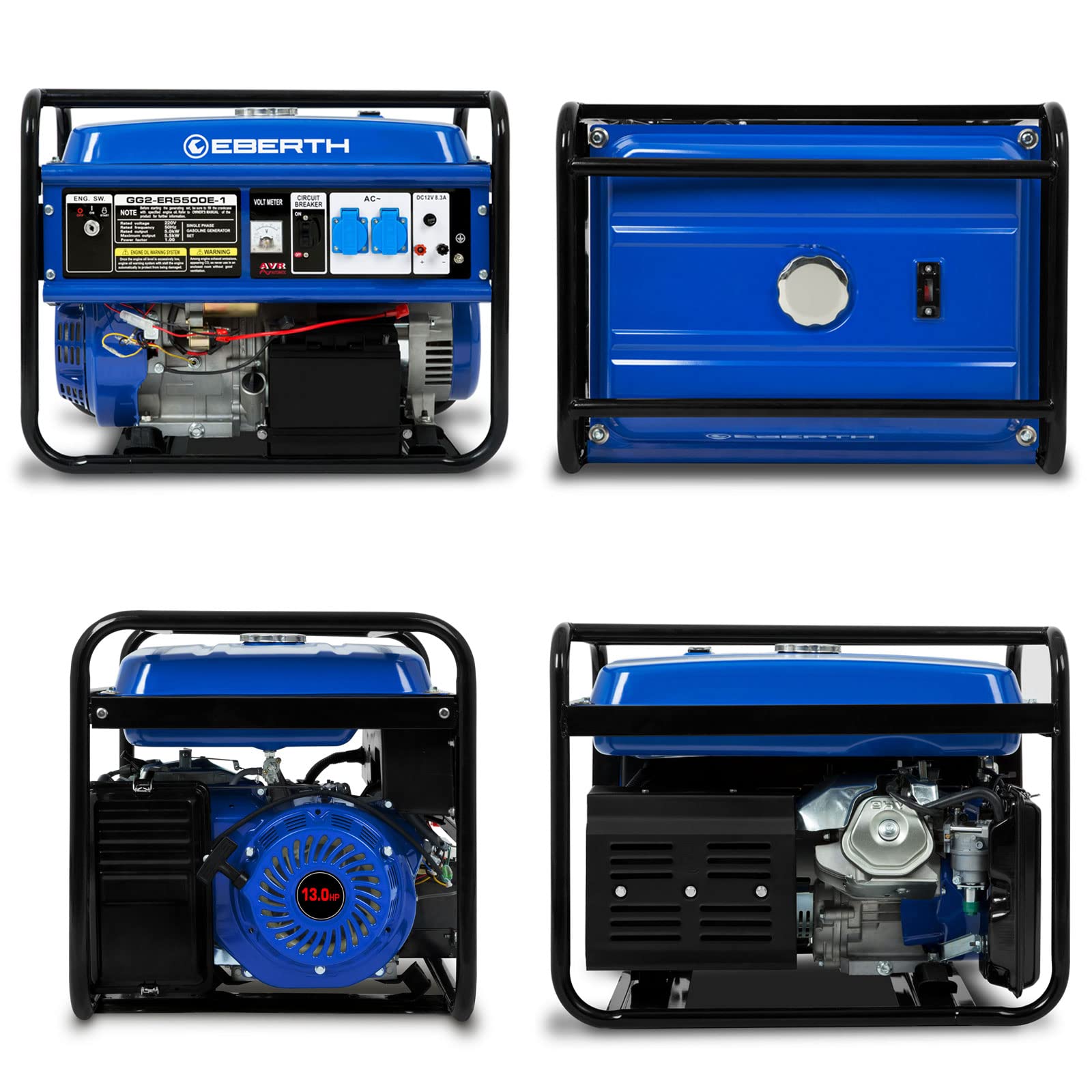 EBERTH 5500 Watt Groupe electrogene Generateur electrique portable moteur à essence 13 CV, 4 temps, 2x 230V, 1x 12V, monophasé, démarrage électrique, régulateur AVR, sécurité niveau d'huile