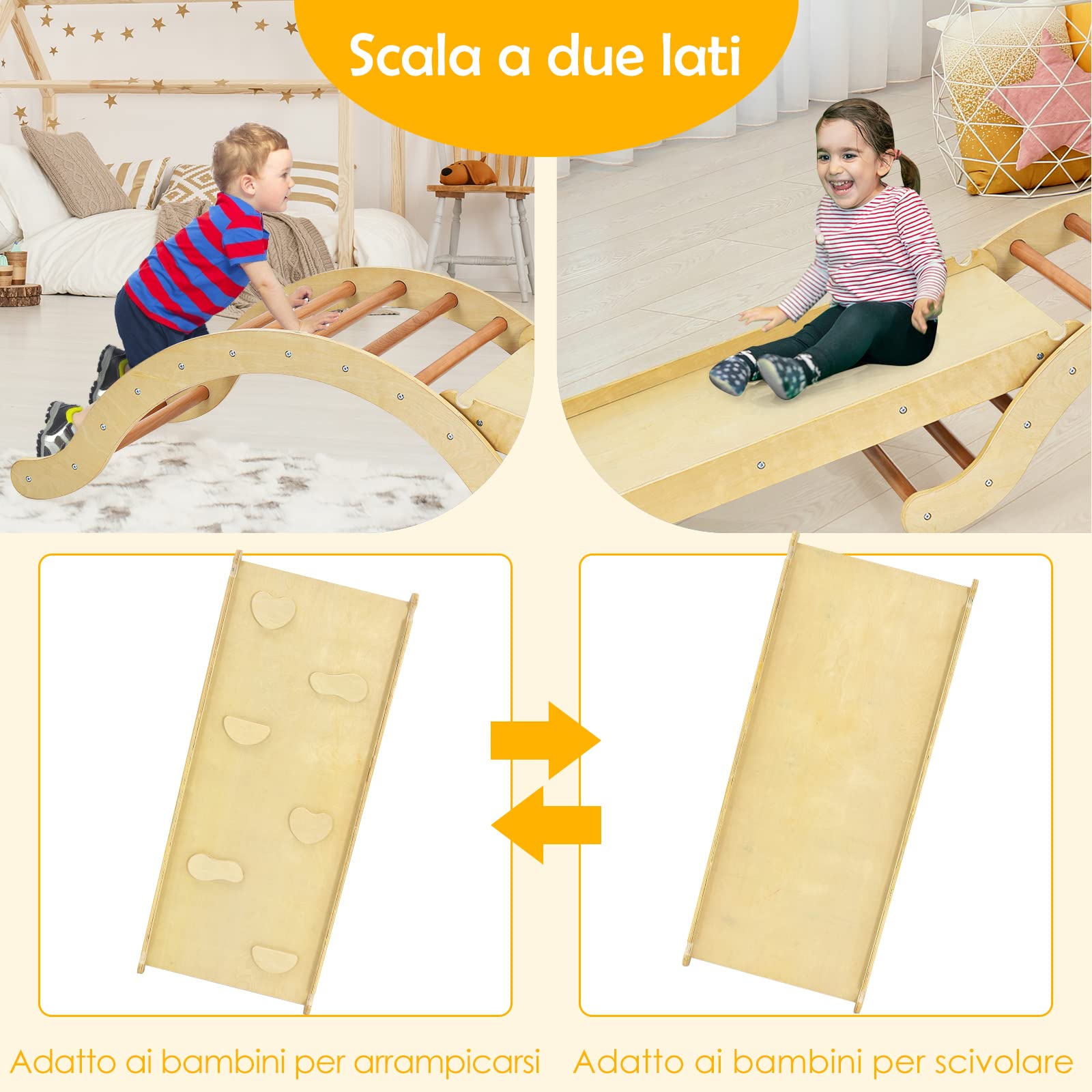 COSTWAY 4 in 1 Set da Arrampicata per Bambini, Scala Giochi Arrampicata con Tappetino, Scala a Volta Versatile per Arrampicarsi e Scivolare, Carico 60 kg (Naturale)