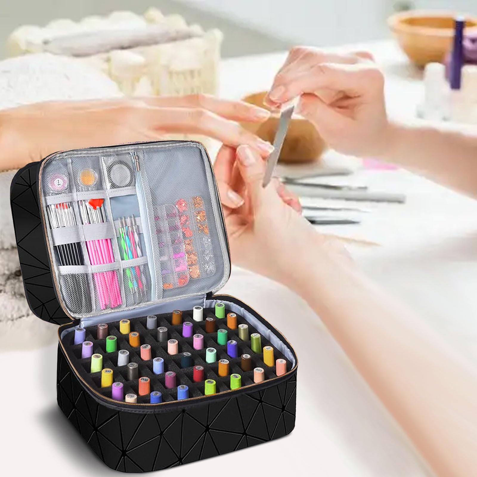 Organizer professionale per smalti, contiene 84 flaconi (15 ml), strumenti per manicure e lampada UV, borsa a tracolla rimovibile a 3 strati in pelle PU per unghie, grande borsa a tracolla (nero)