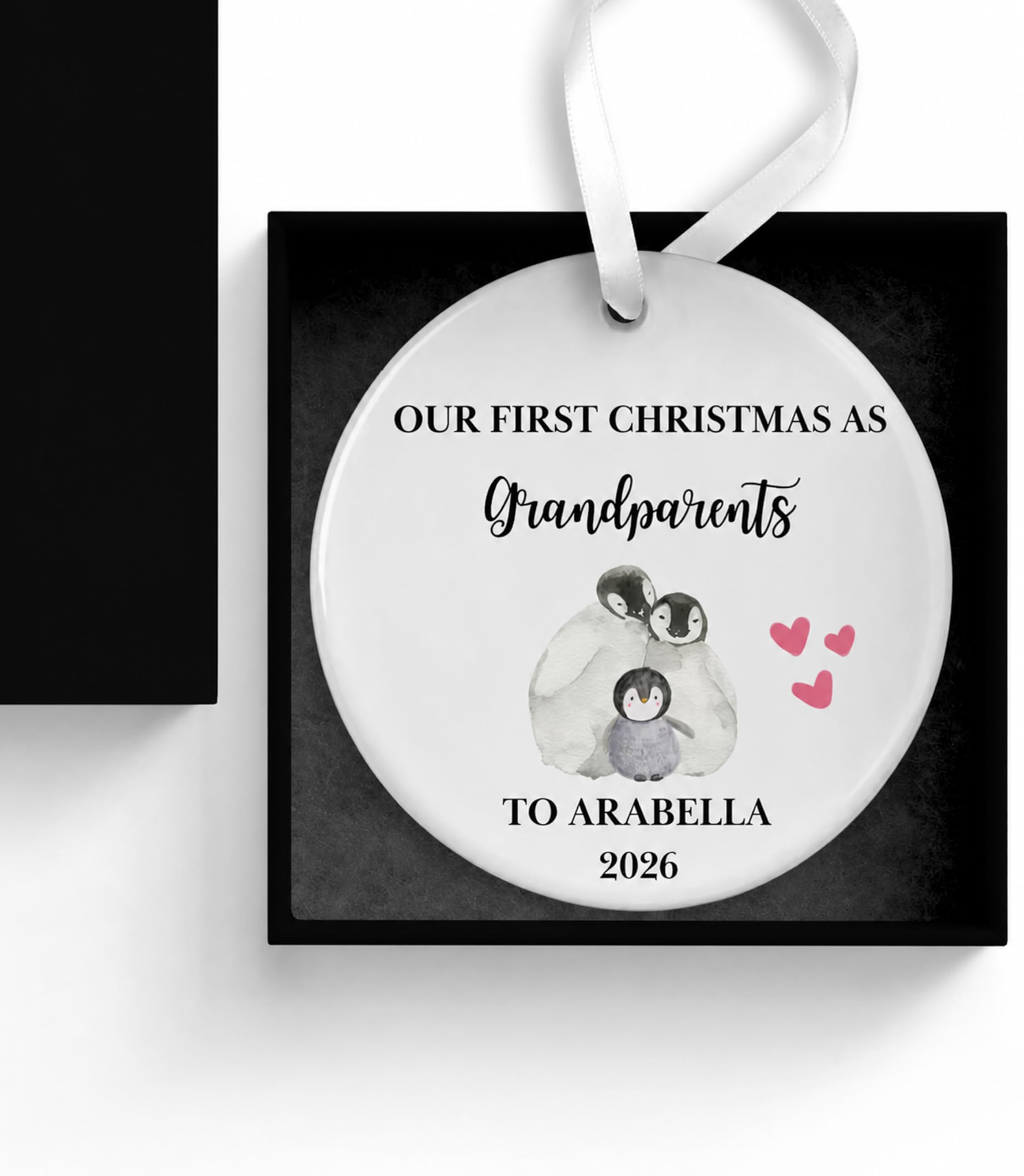 Personalised First Christmas as Grandparents Bauble, New Grandparent Gift, Xmas Tree Ceramic Ornament, Penguin Decoration, with Gift Box and Ribbon
