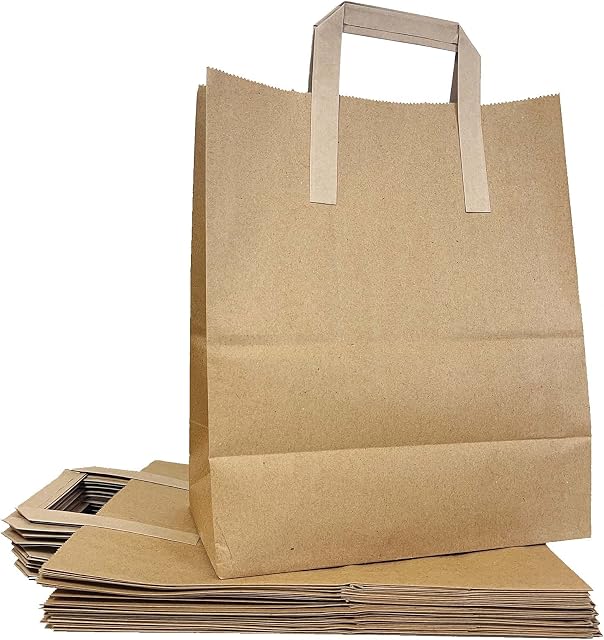 Brown Paper Bags, Party Bags, Retail Takeaway Kraft Paper Bags with Handles, 80 GSM Super Strong, Medium 20 Pcs - 25x13x30cm