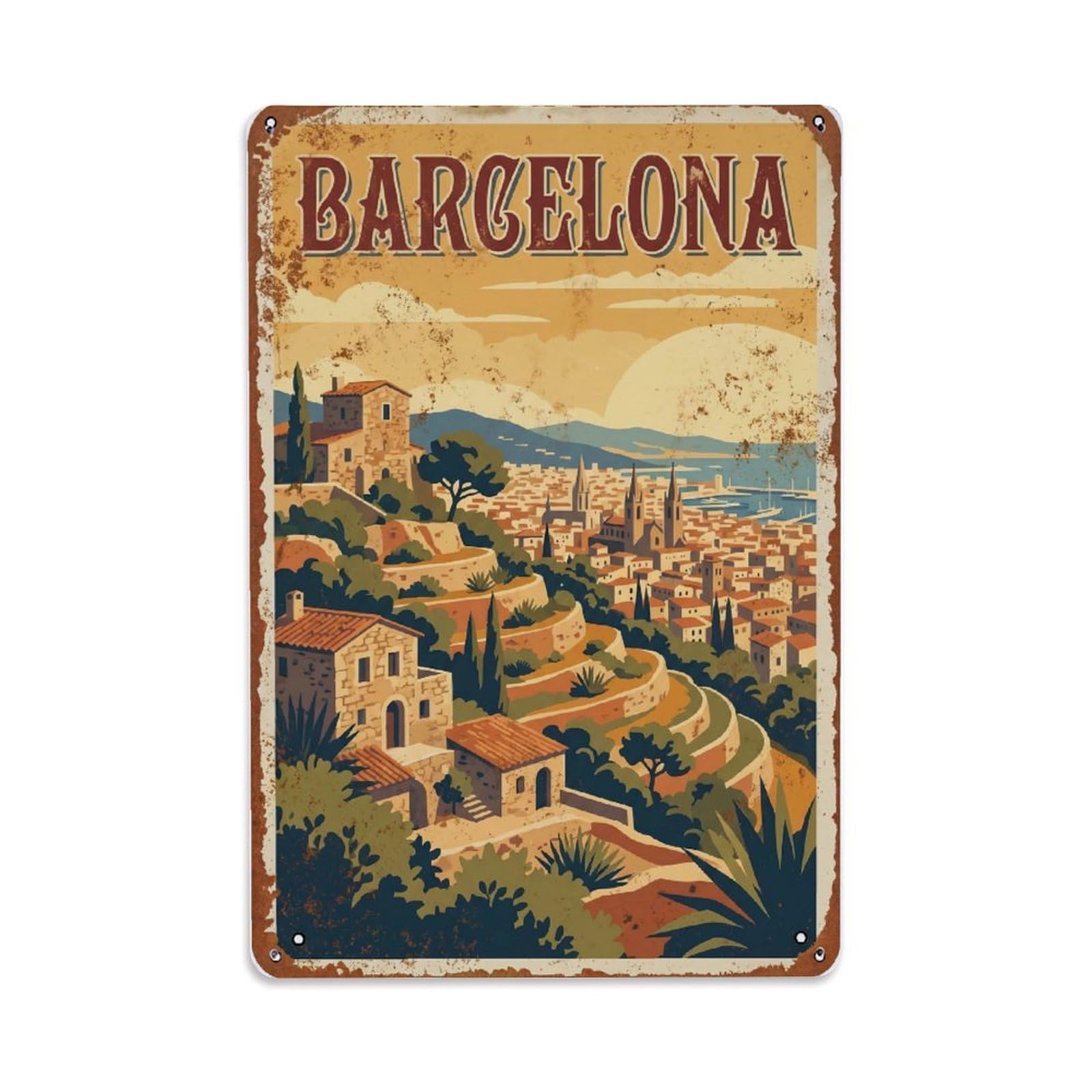 Vintage Travel Terraces Spain Hillside Metal Tin Sign Plaque Wall Decor for Cafe, Club Bar, Office, Home Garden Metal Poster 8x12Inch